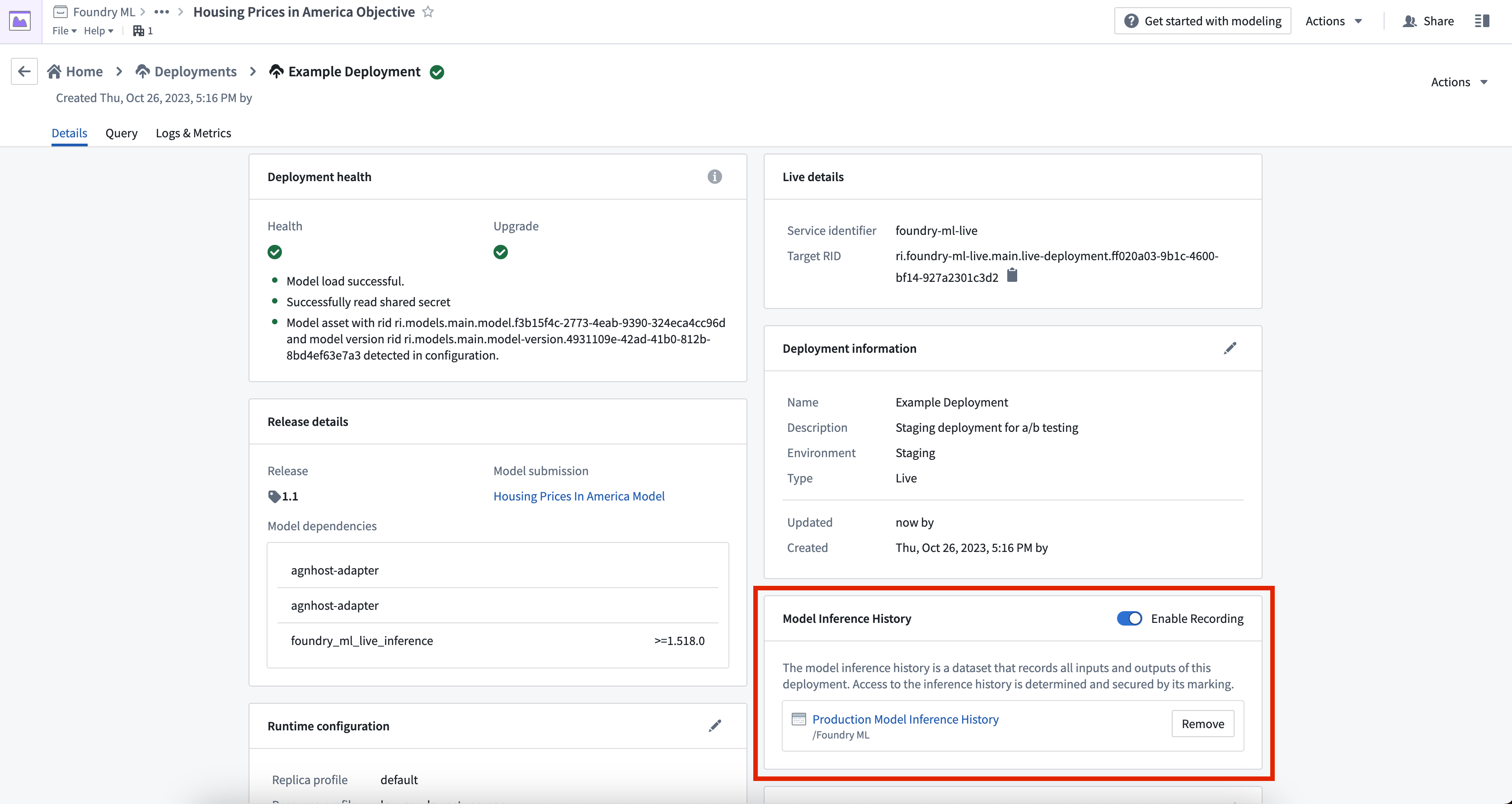 Model inference history is created from the Deployments page of your modeling objective.