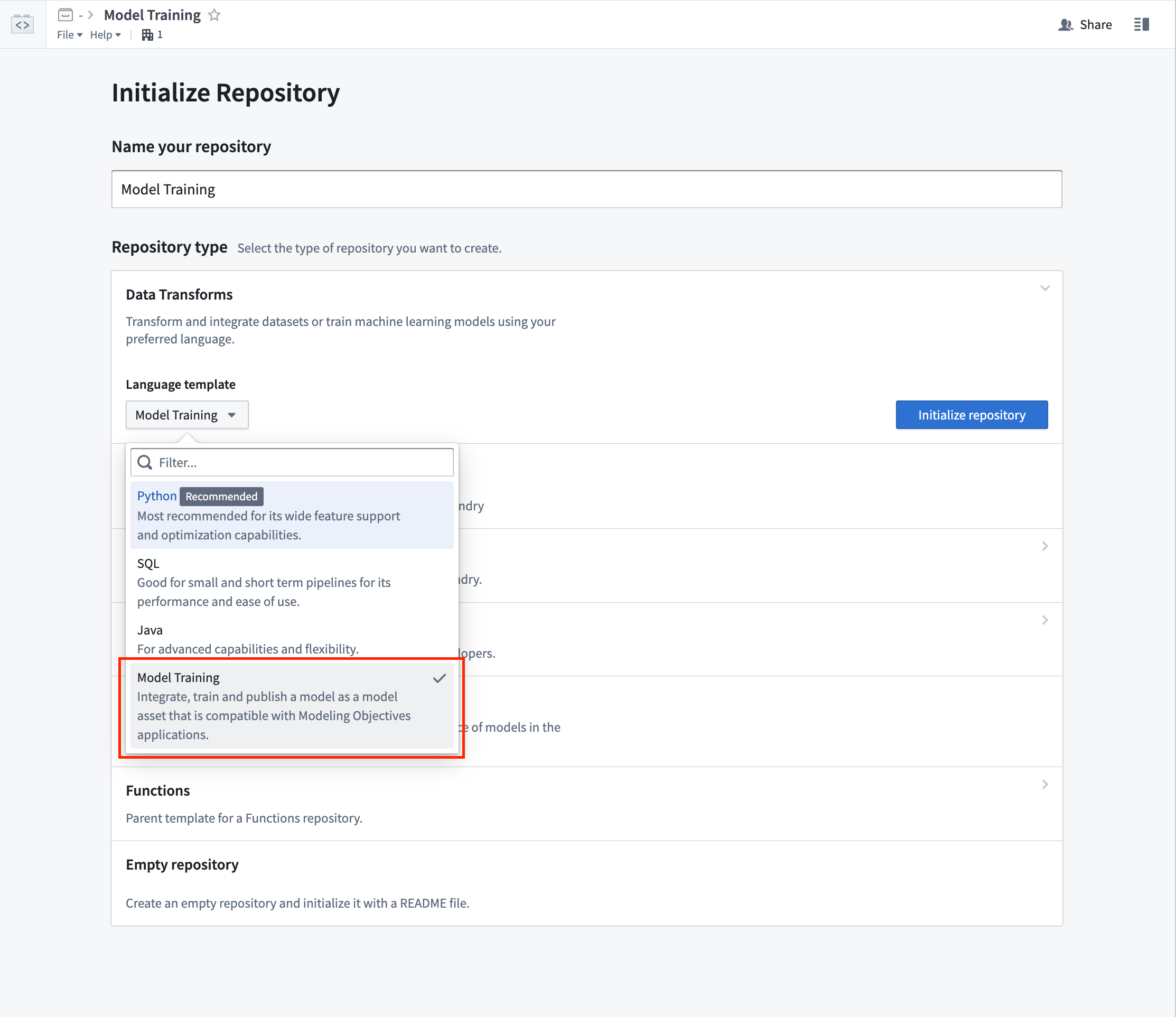 Screenshot of selecting the Model Training Template in Authoring