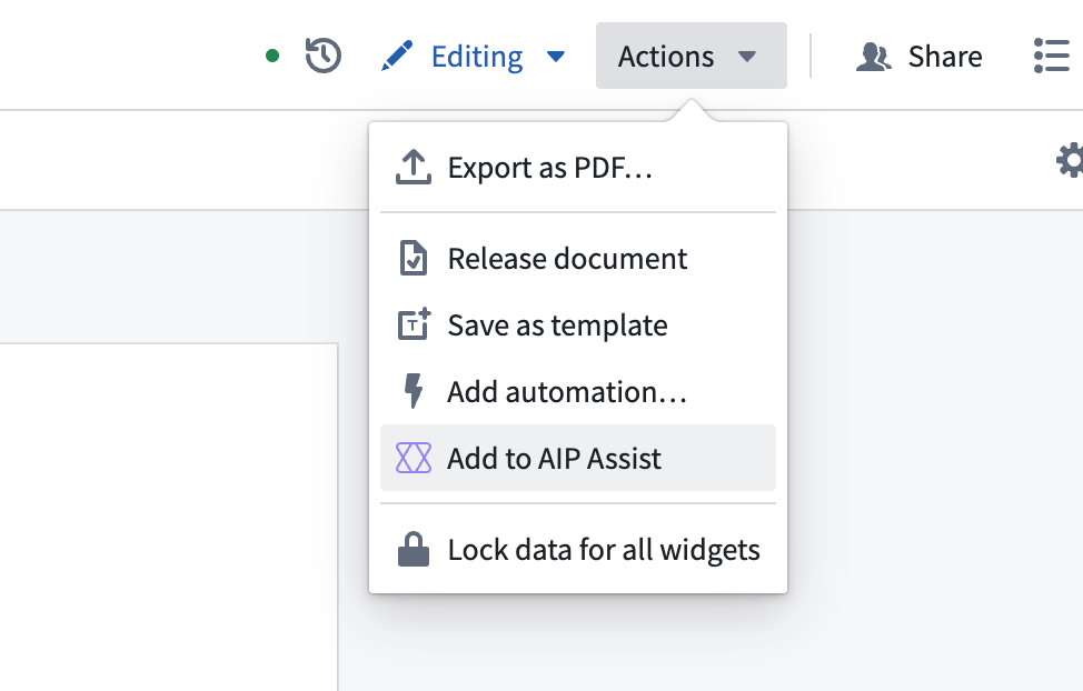 The “Add to AIP Assist” option in the Notepad actions dropdown menu.