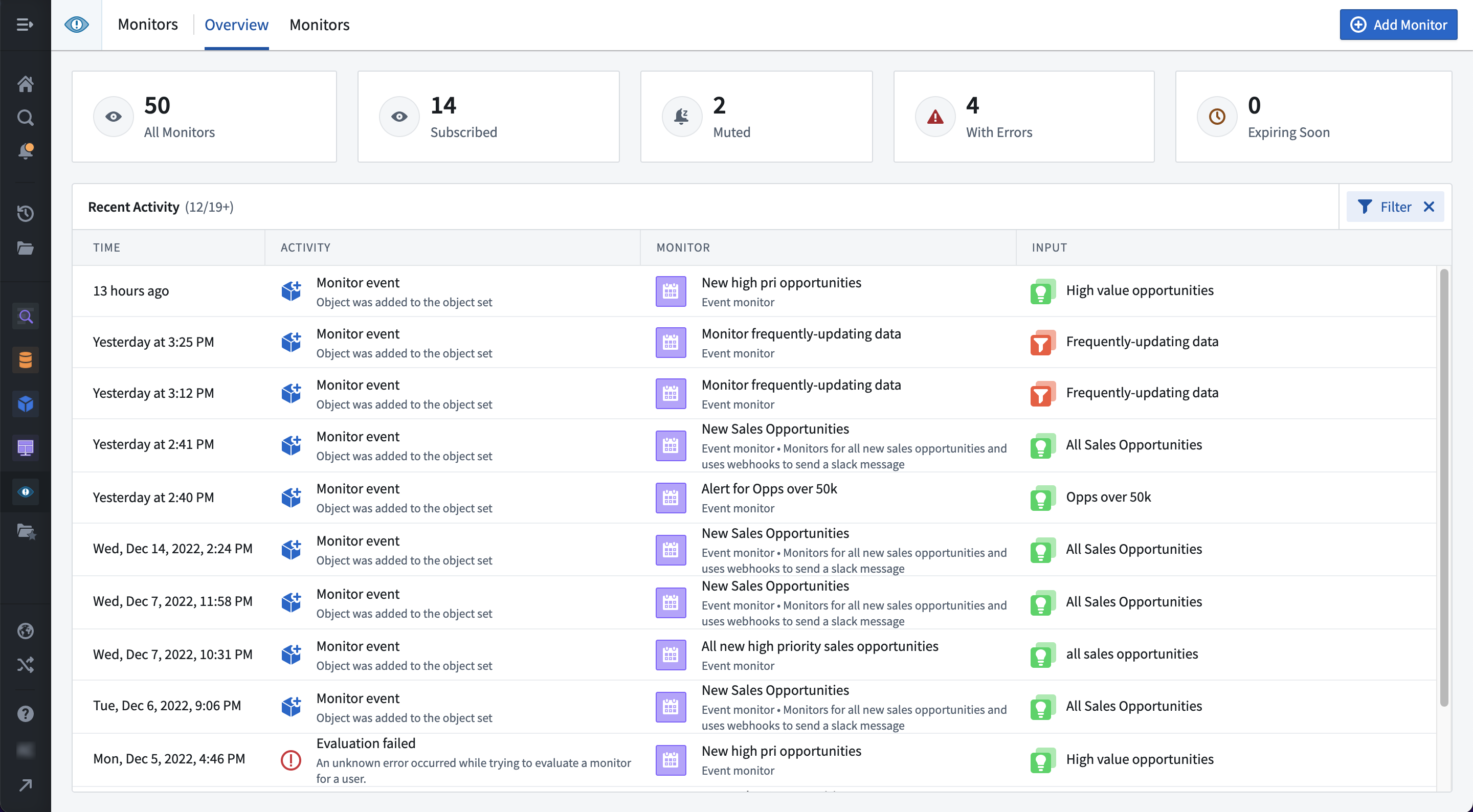 Object monitors recent activity view