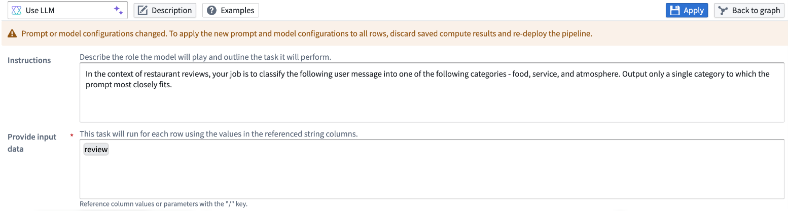 The LLM view with a warning banner informing users that the prompt or model configuration has changed.