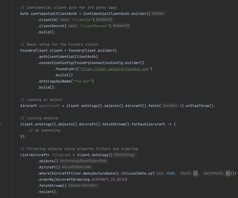 A code sample of a generated Java library for the Ontology SDK.