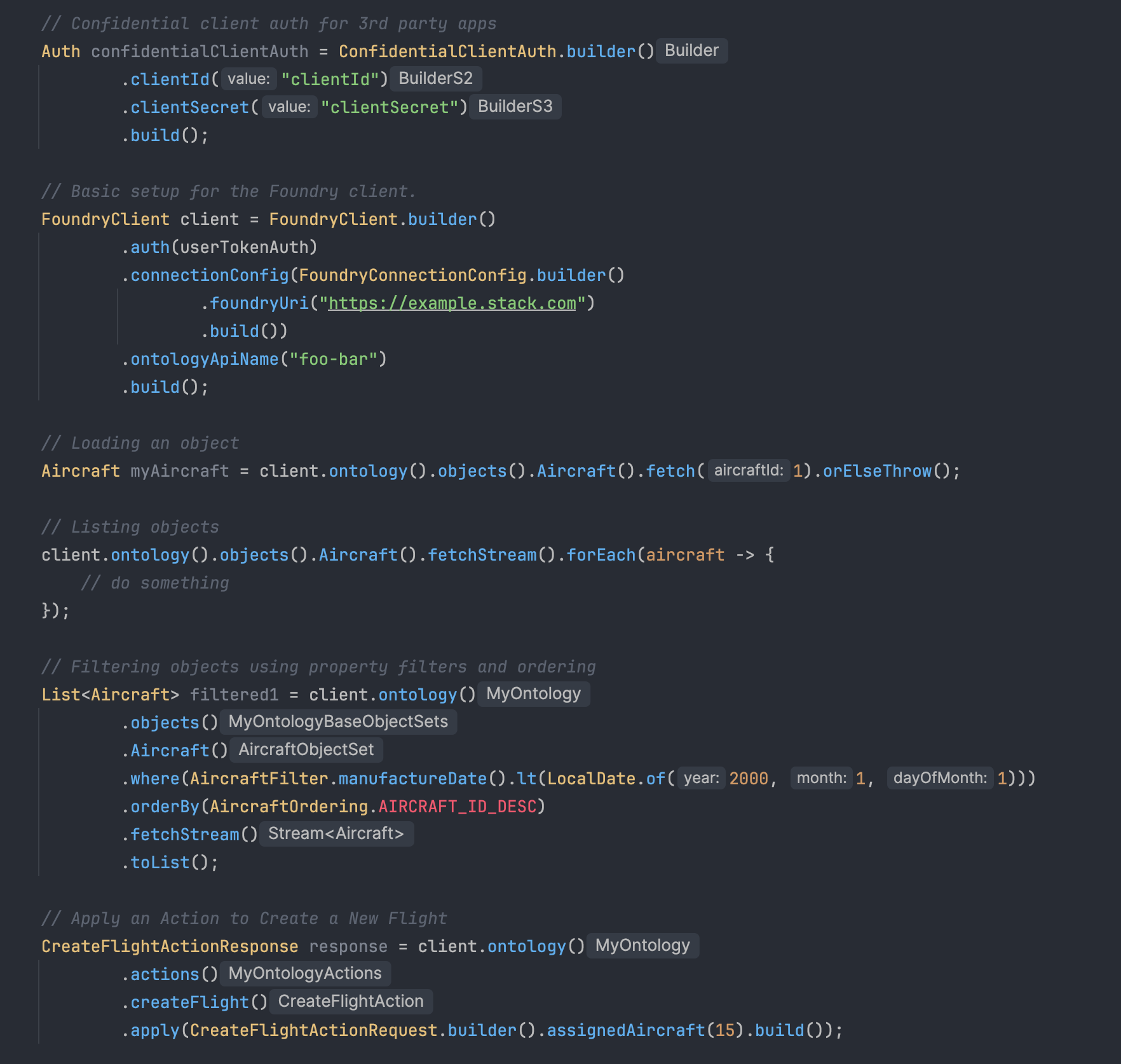 This is a code sample featuring some functionality of a generated Java OSDK for an Aircraft Ontology Object