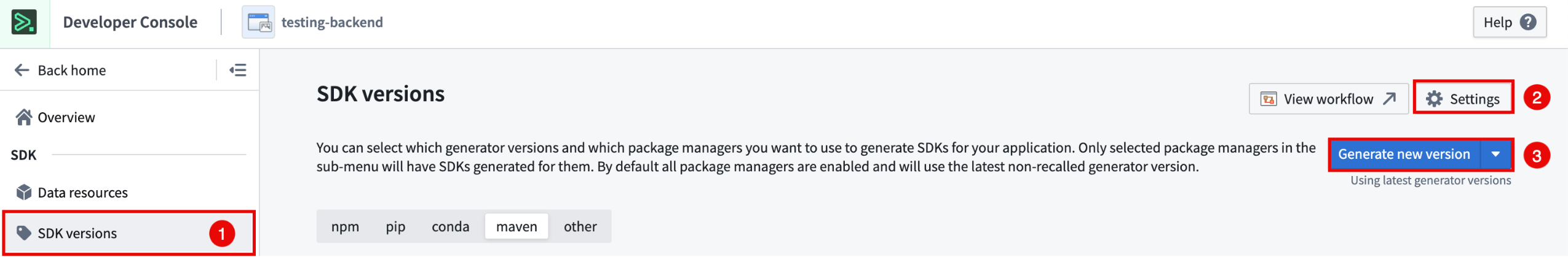 To generate an SDK, first select the SDK versions tab to view all generated SDKs, select Settings to set a Maven Group ID, then finalize with Generate new version to generate the Java OSDK.