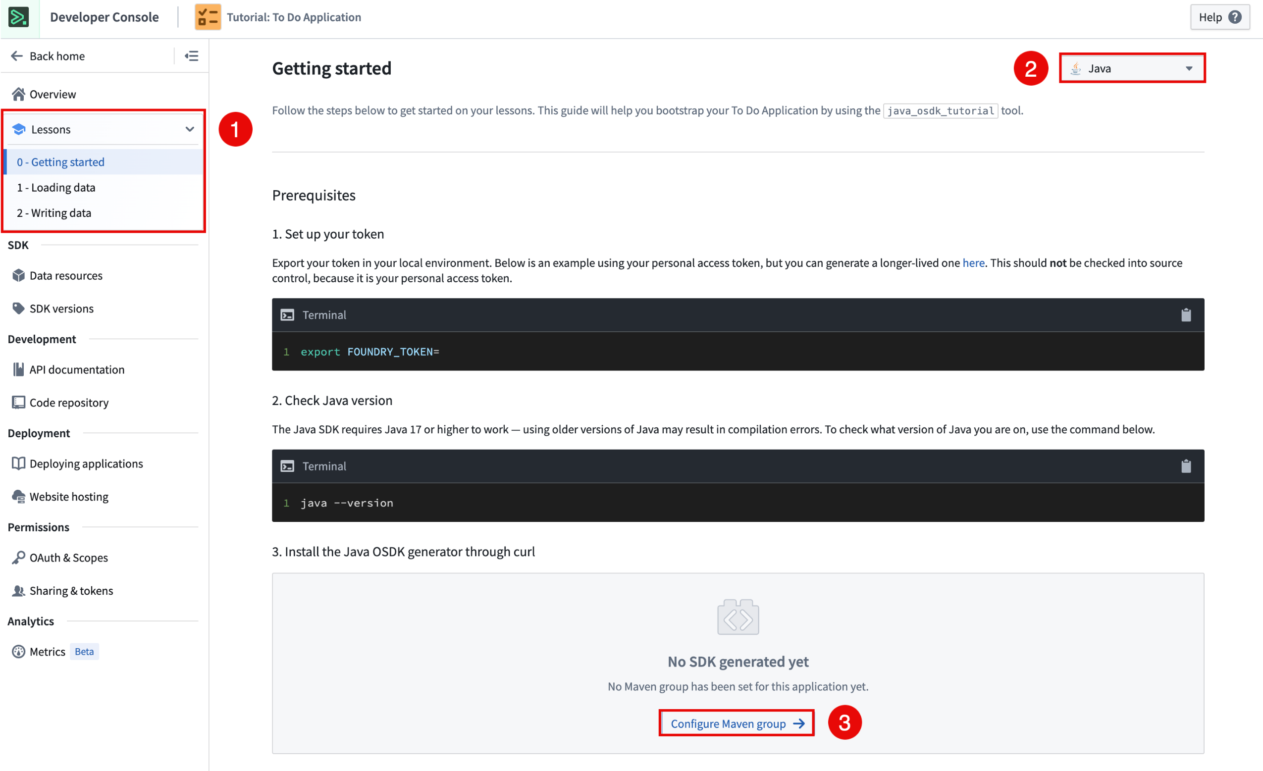 To create a Java Lesson using OSDK, select a lesson, select Java as the language, and lastly, configure a Maven group and generate the Java OSDK.