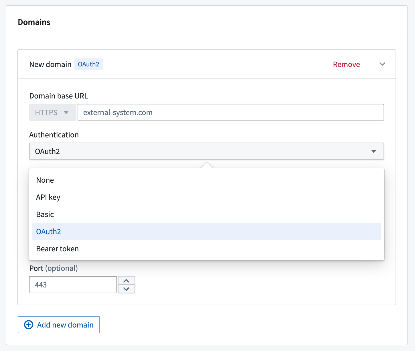 Setting the authentication method for a domain in a REST API source.