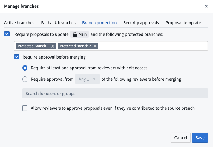 The branch protection tab with two additional protected branches and approval policy options.