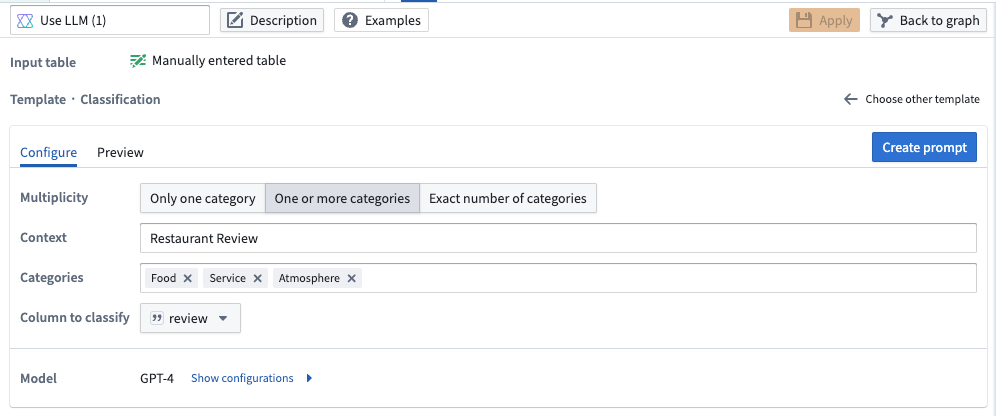 Pipeline Builder interface showing a prompt to classify restaurant reviews into three different categories.