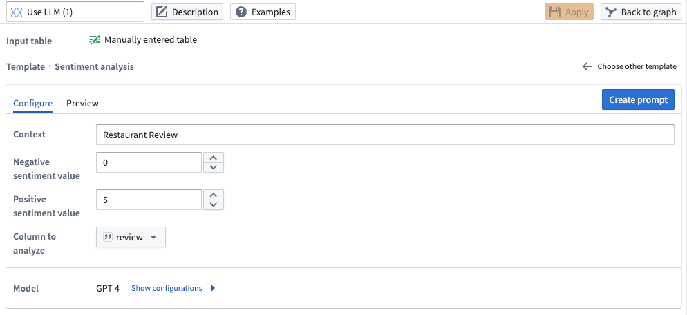 Pipeline Builder interface showing a prompt to rate positive or negative sentiment of restaurant reviews.