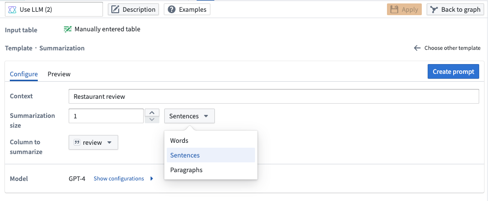 Pipeline Builder interface showing a prompt to summarize restaurant review by length.