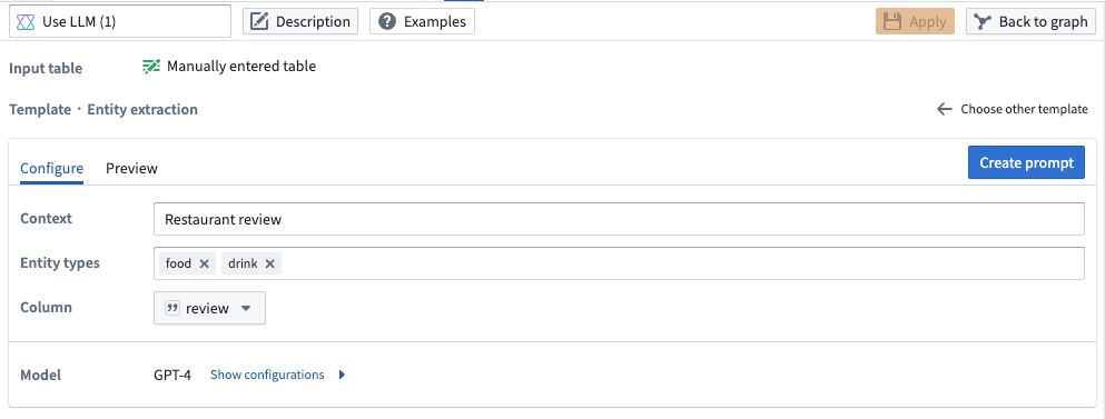 Pipeline Builder interface showing a prompt to extract any food or drink elements from each restaurant review.