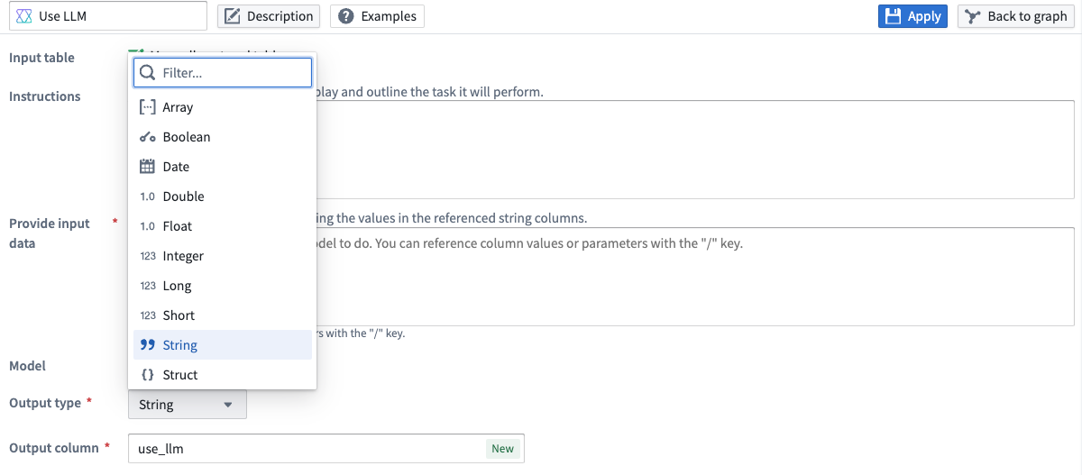 Use the dropdown menu to specify an output type for your Use LLM node.