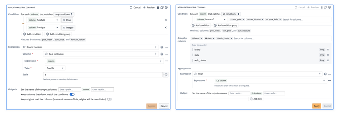 Pipeline builder wrapping multiple transforms and applying them to multiple columns. Also applying aggregations across multiple columns.