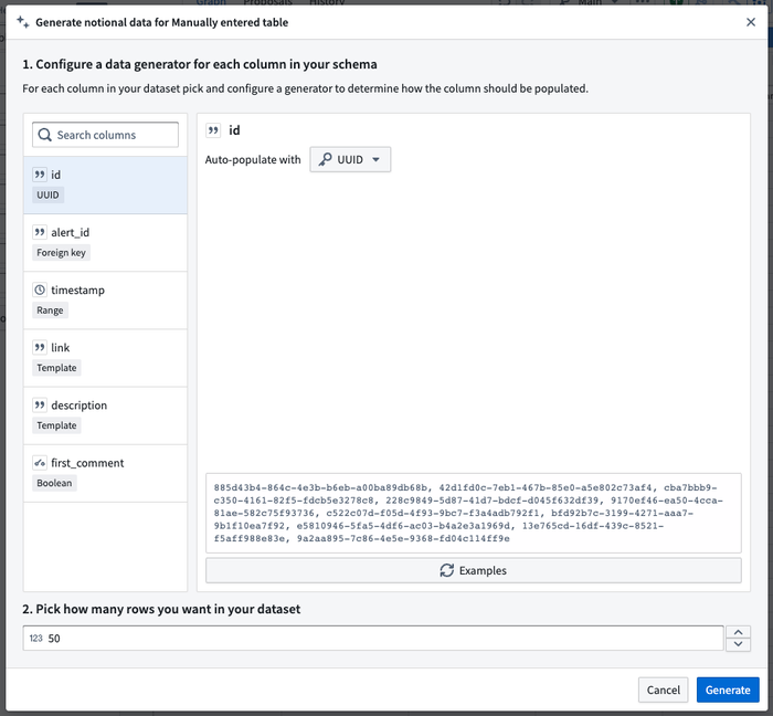 Configuring an id column in a manual entry table to populate with notional UUID values.