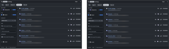 A side-by-side view of Quicksearch results in a top results and filtered results view.