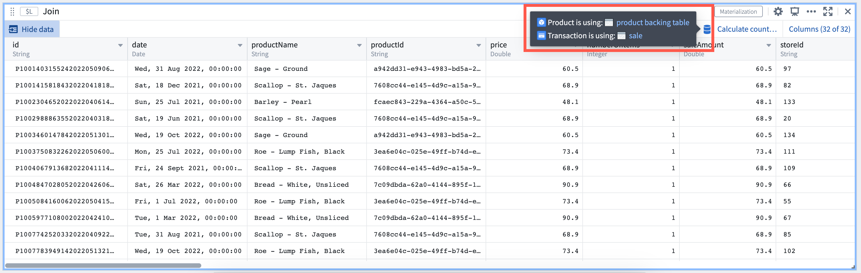 Trace data quickly in Materializations card to its backing dataset