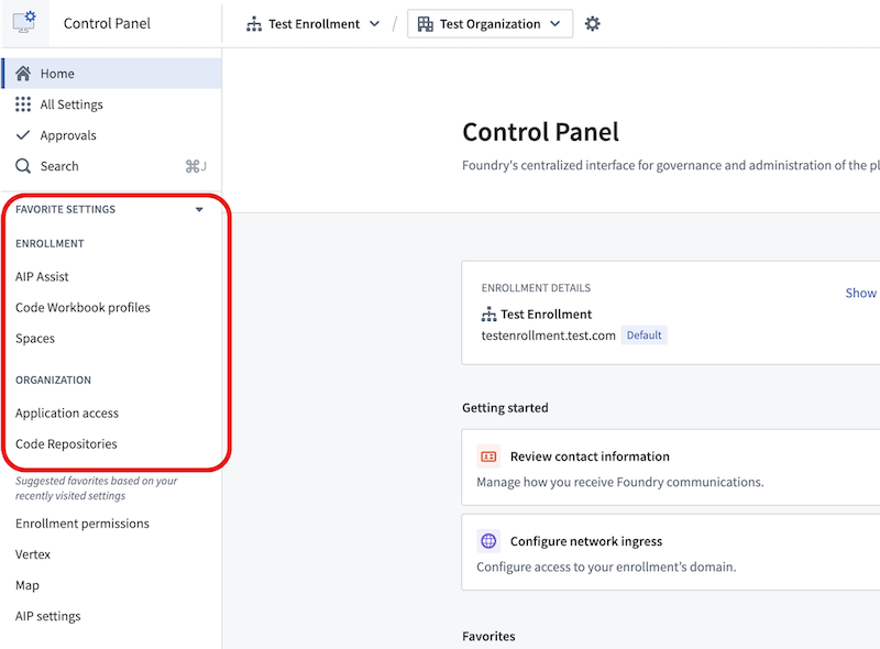 The Favorite Settings section in Control Panel.