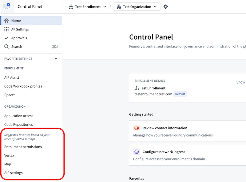 The recently visited settings section in Control Panel.