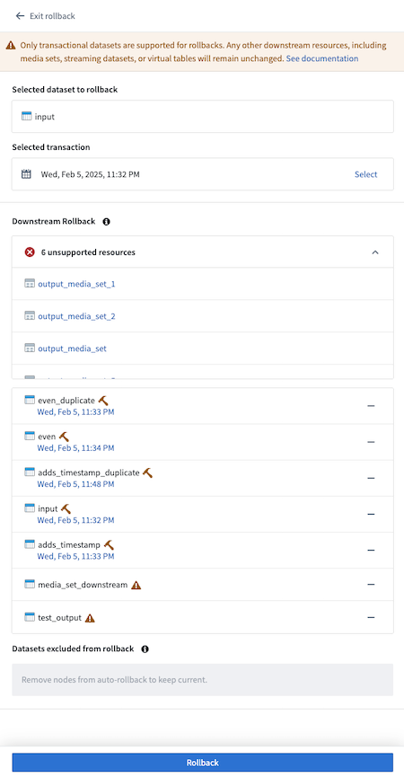 A list of datasets with timestamps of the builds.