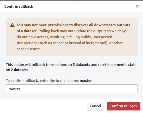 A confirmation dialog confirming the rollback of five dataset transactions and incremental state resets of two datasets.