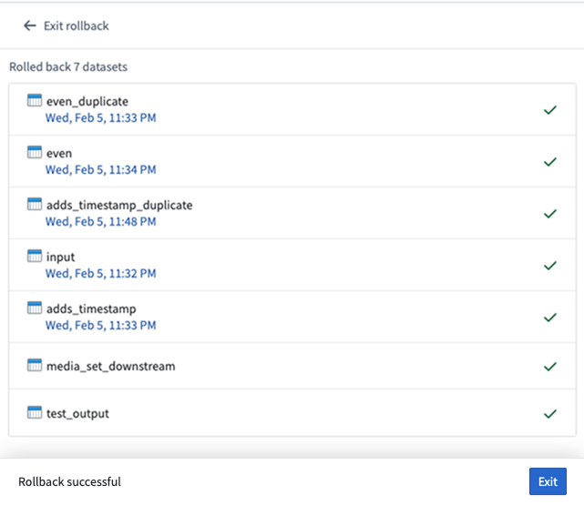 A confirmation of seven successful dataset rollbacks.