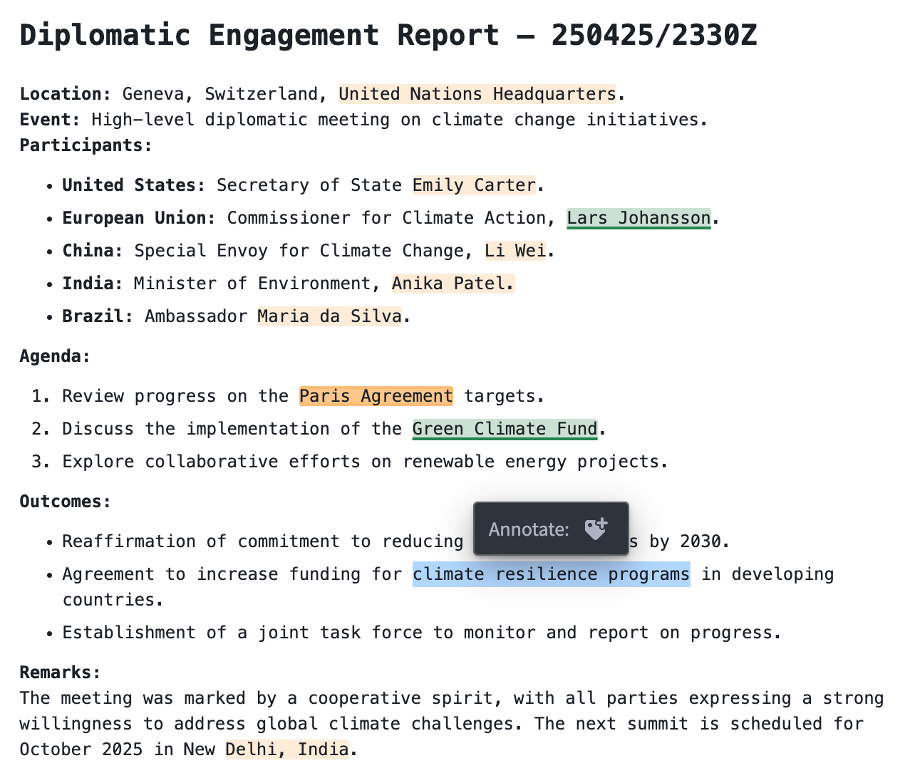 An example of a Markdown widget with a configured create annotation action.