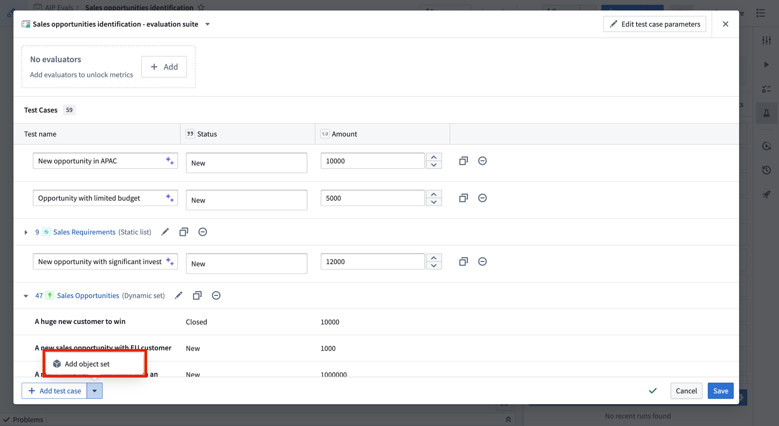 You can now combine multiple object sets and manual test cases to an evaluation suite.