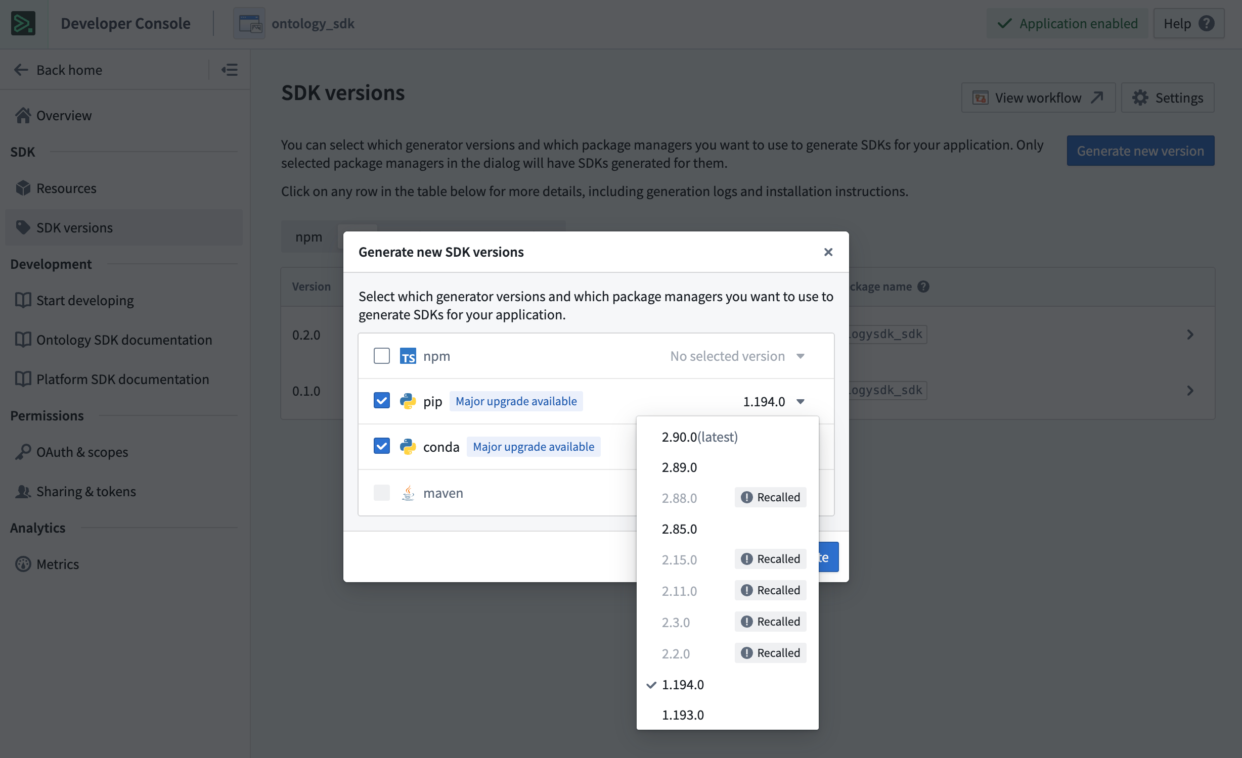 Generate Python OSDK 2.x for an existing legacy version application in Developer Console.To generate Python OSDK 2.x for an existing code repository in Python functions select the SDK versions menu in the left side panel of your code repository.