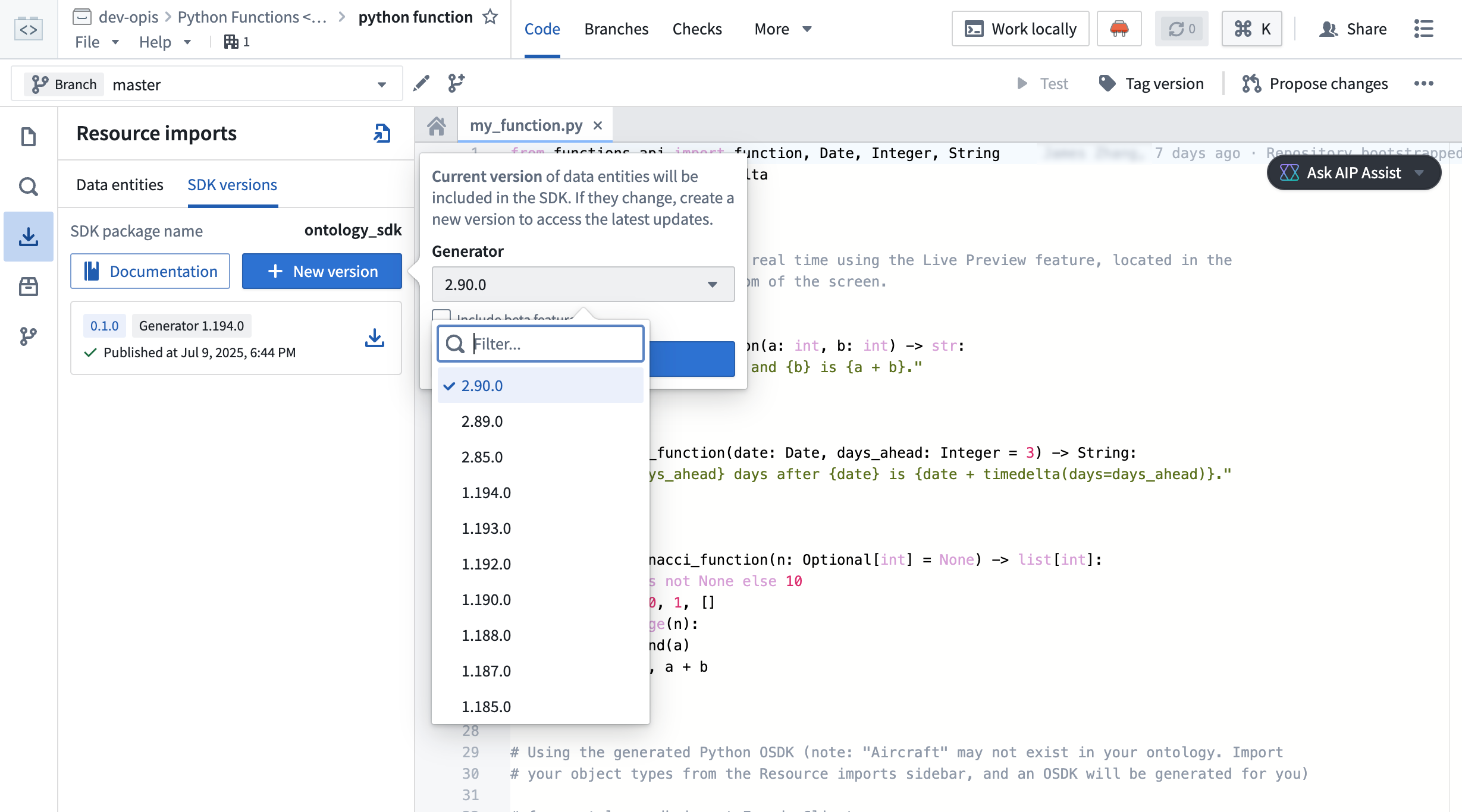 Generate Python OSDK 2.0 for an existing legacy version code repository in Python functions.