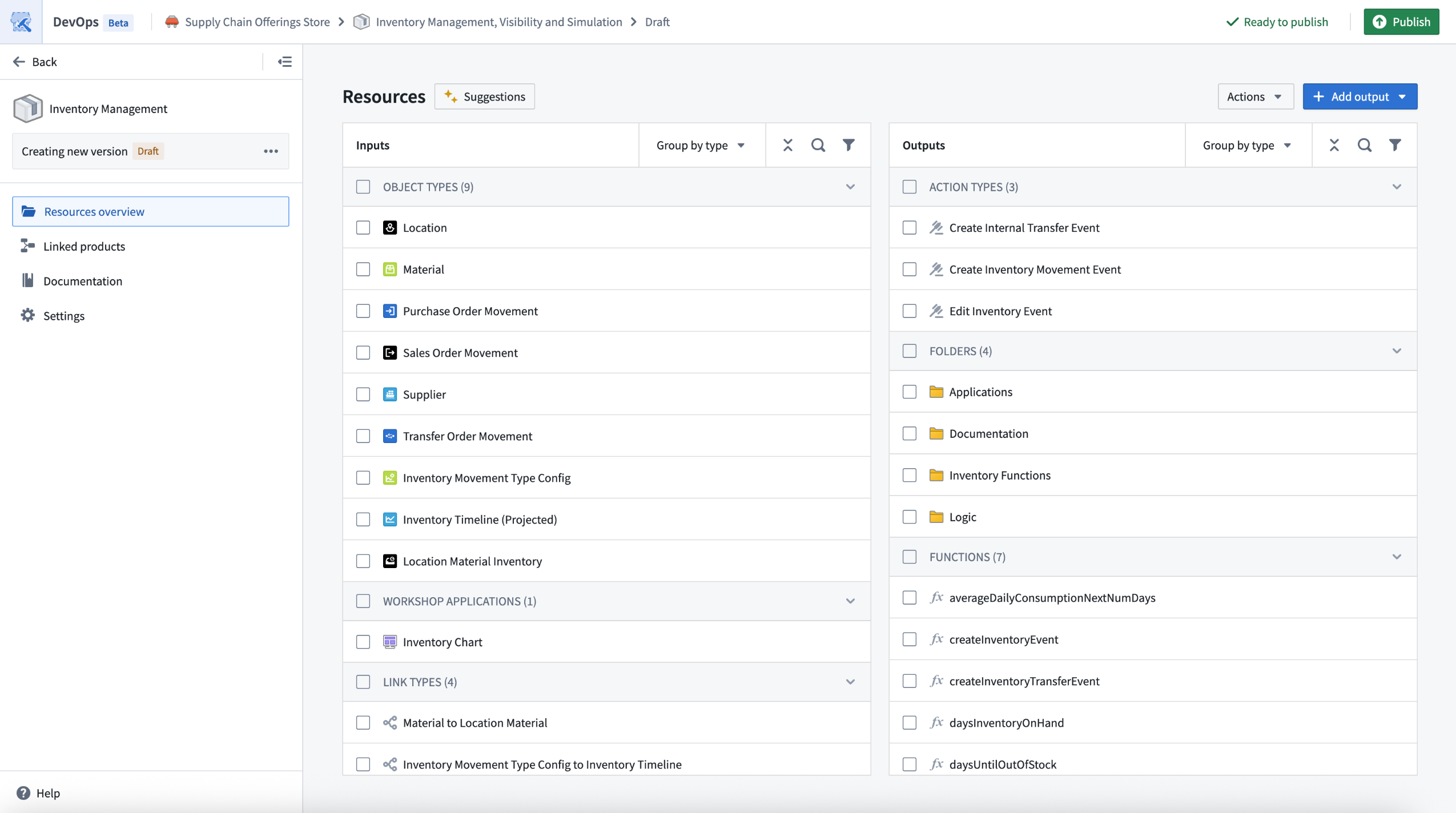 The new landing page for drafts in DevOps offers a consolidated view of inputs and outputs along with bulk edit options.