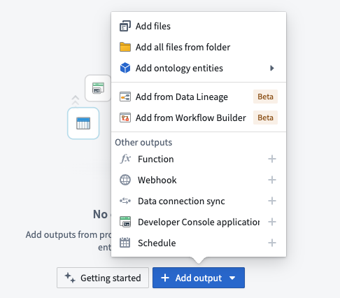 Outputs can now be added in bulk from an existing Data Lineage or Workflow Builder graph.Review DevOps documentation on creating a product../foundry-devops/create-products.md.