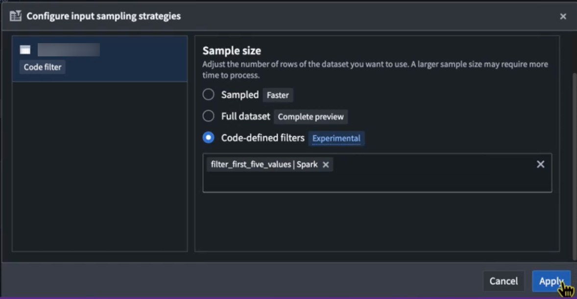 The Code-defined filters option in the Configure input sampling strategies dialog.