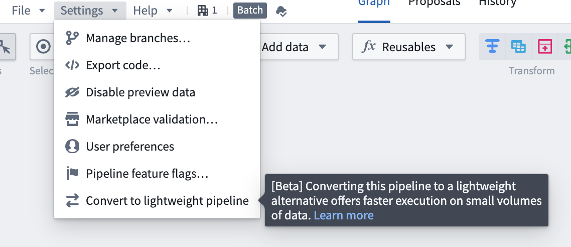 The Convert to lightweight pipeline option in pipeline settings.