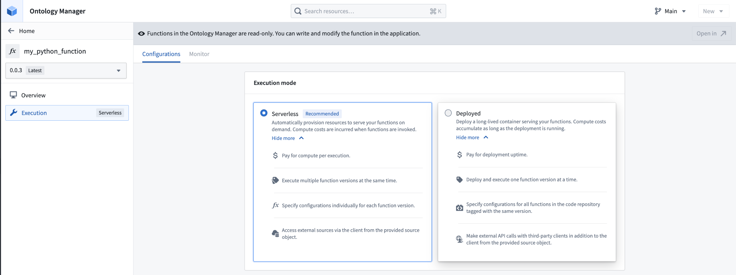 Choose either a serverless or server-backed deployment mode for your Python function in Ontology Mananger.