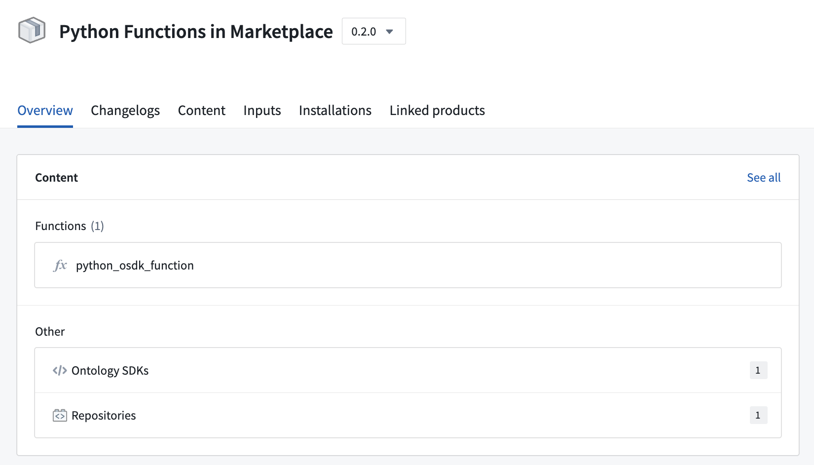 An example of a Python function deployed through Marketplace.
