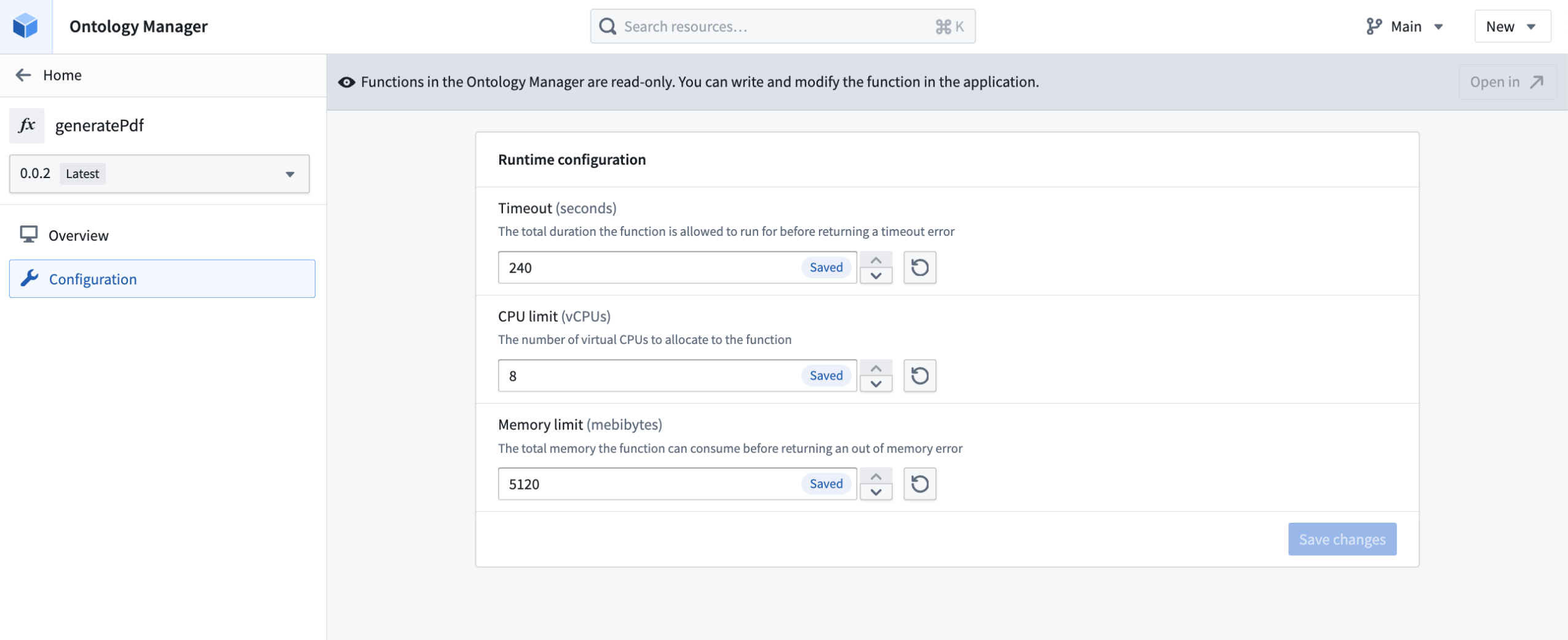 Edit TypeScript v2 function runtime configuration in Ontology Manager.