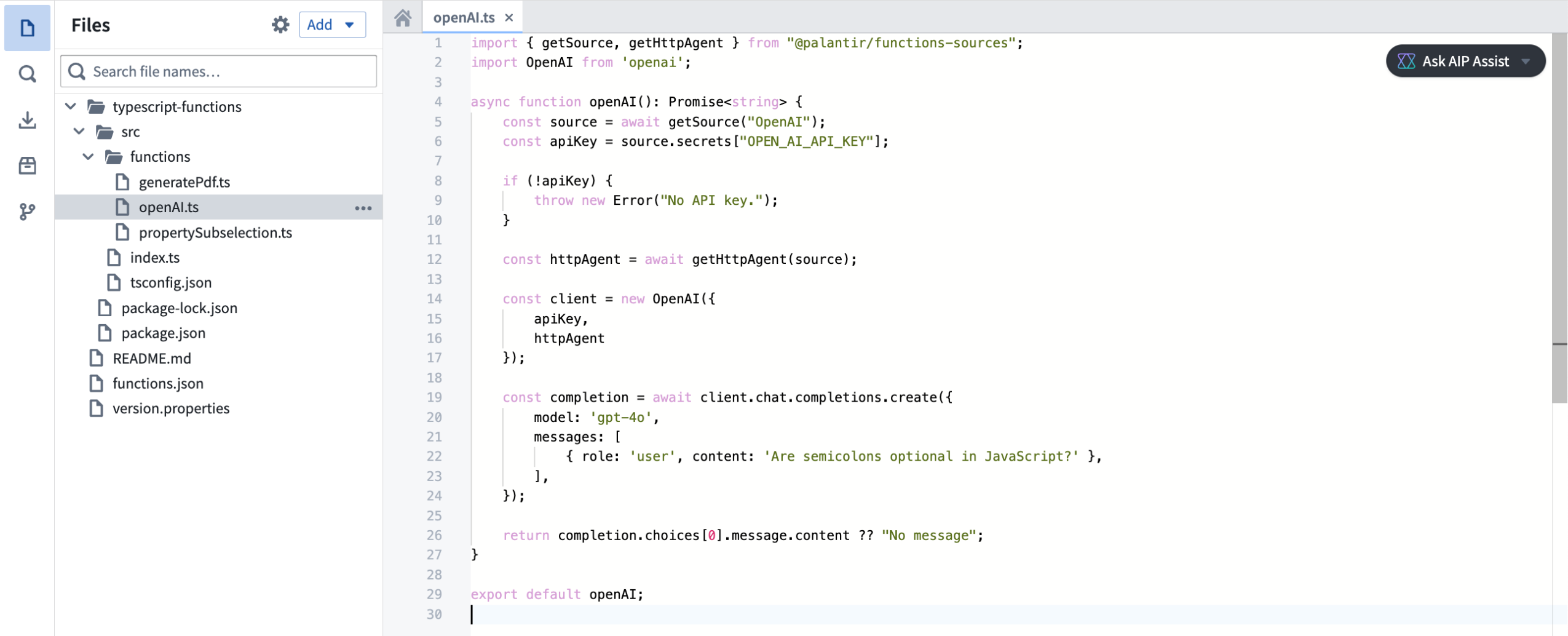 Make API calls with TypeScript v2 functions with the palantir/functions-source library.