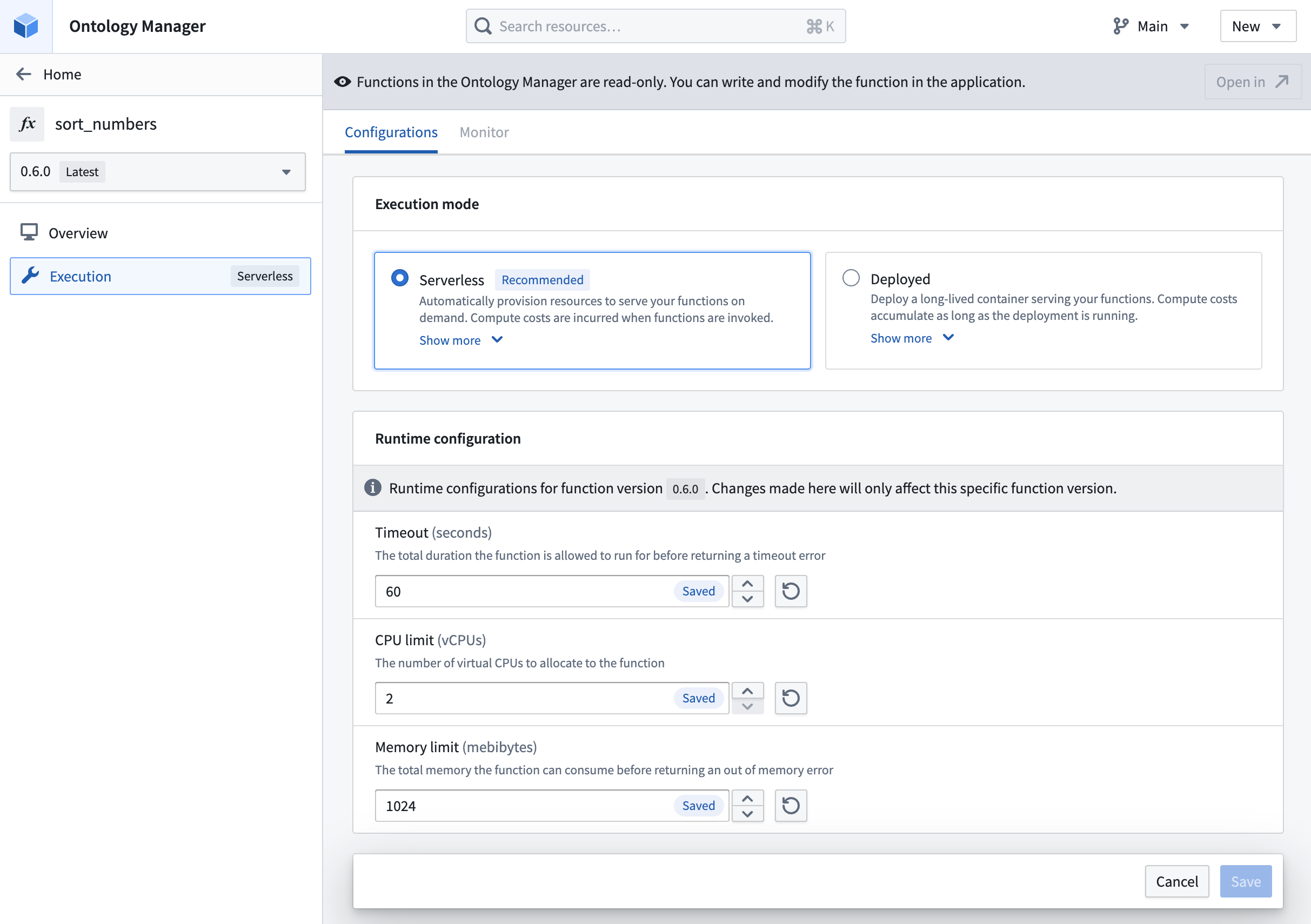 Modify timeout CPU limit and memory limit for functions in serverless mode.