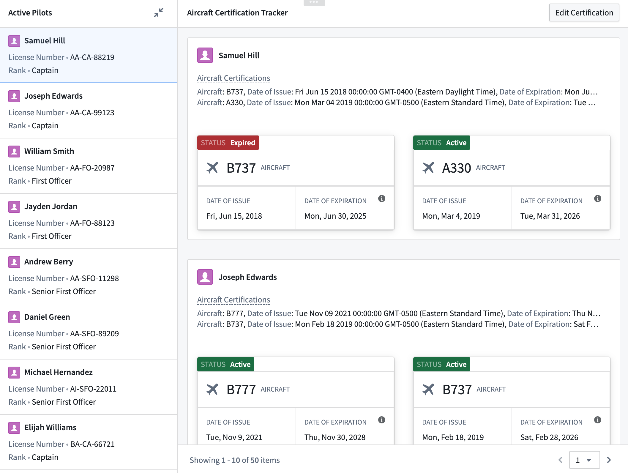 Example of a nested loop layout setup. The outer section loops over a Pilot object set displaying the array of structs typed Aircraft certification object property in a Property List widget. The inner section loops over the Aircraft certification property and displays each struct fields value using Metric Card widgets.