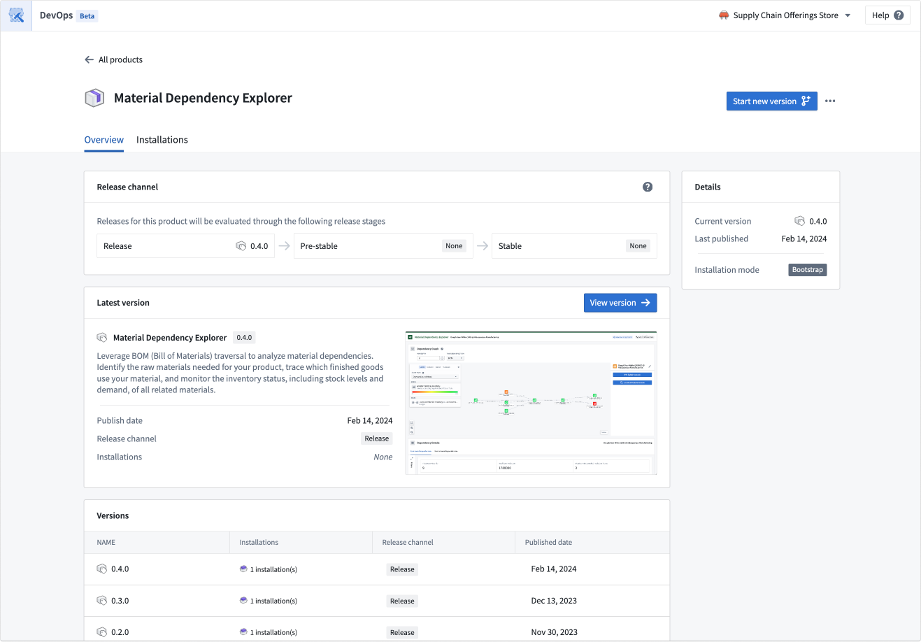 The product overview page allows you to create new versions and review previous versions.