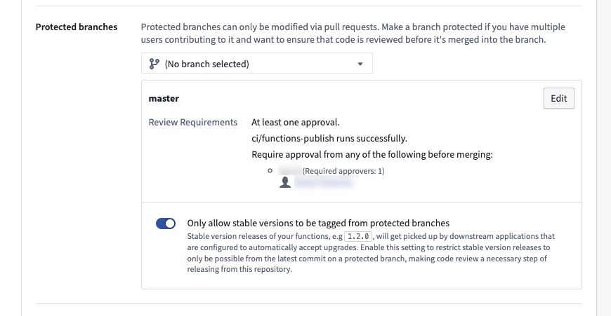 Enable stable release version restrictions in the protected branch settings.