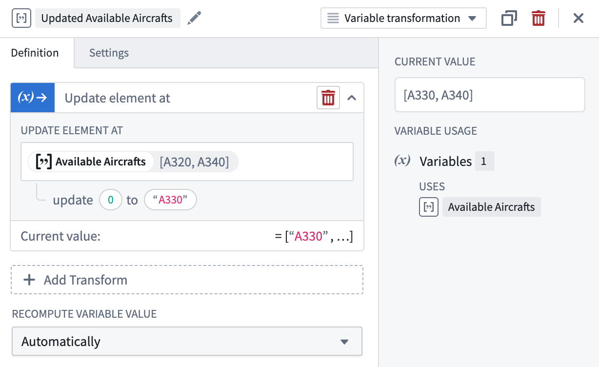 The Update element at operation.
