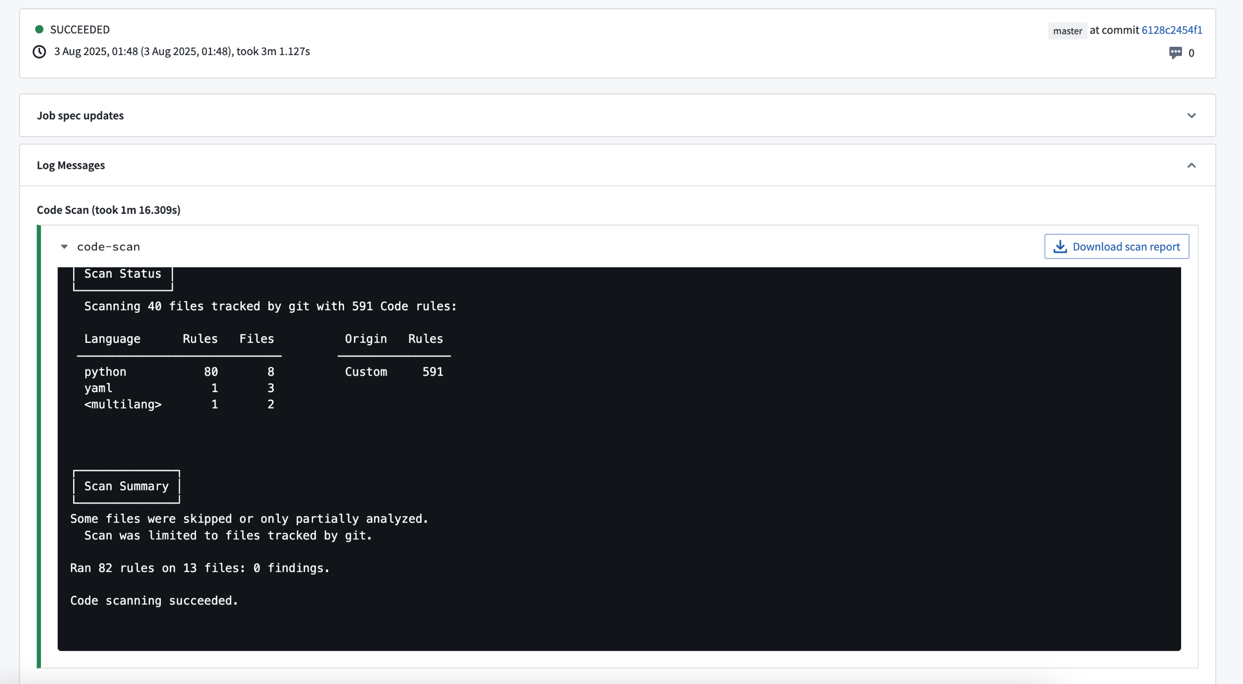 Checks page with the results of a code scan.