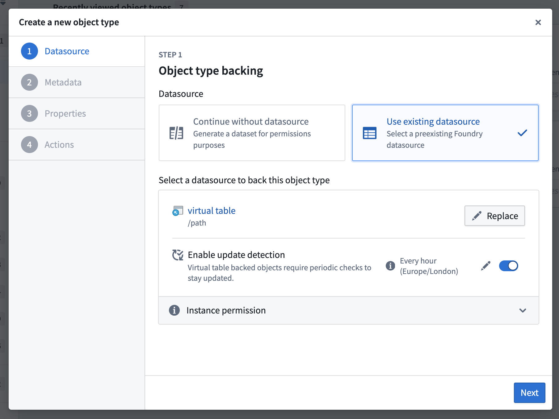 Configuring an object backed by a virtual table in Ontology Manager.