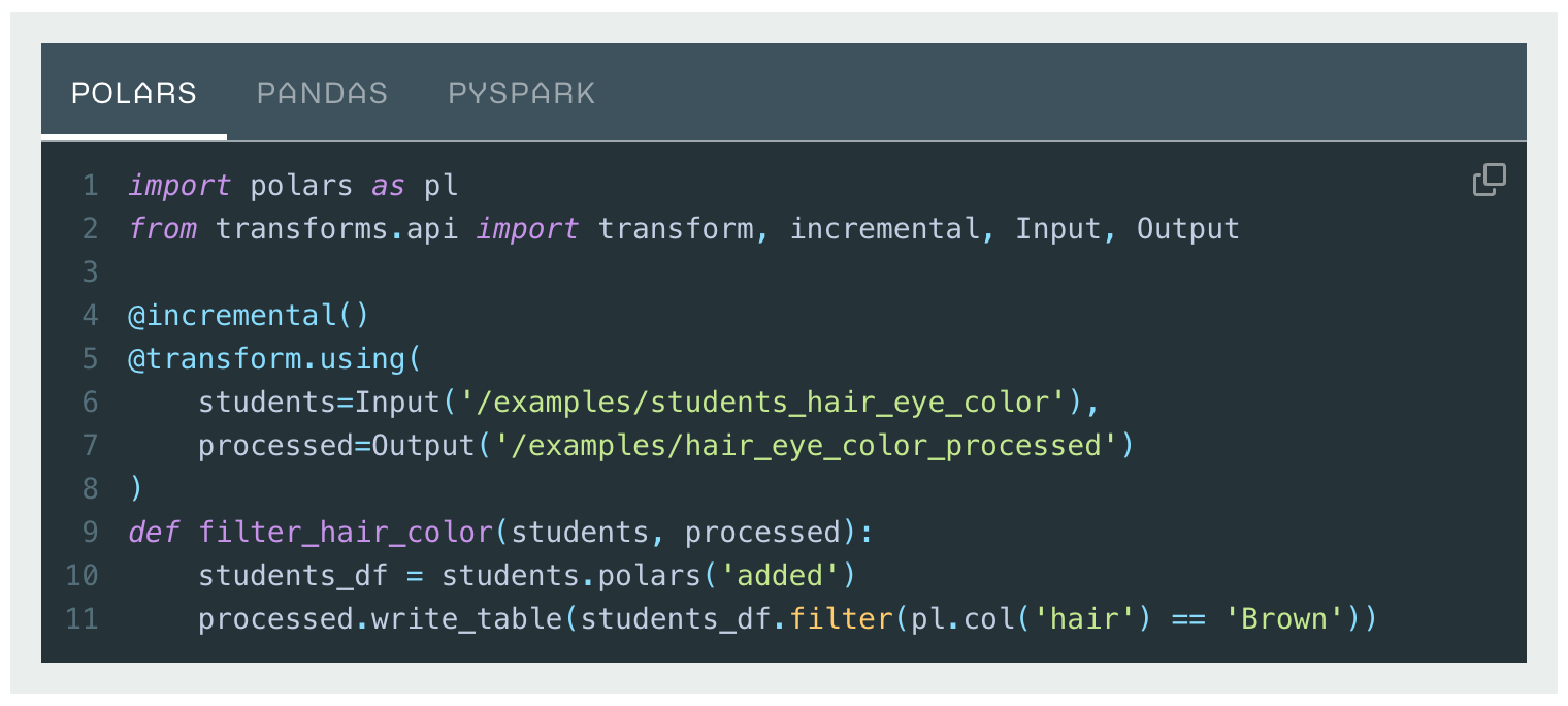 Incremental tabbed code example using the updated API.