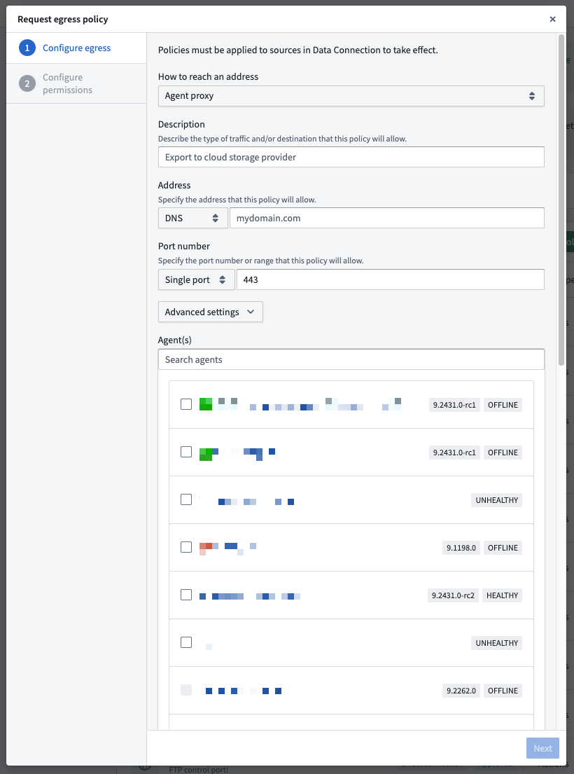 The agent proxy egress policy configuration dialog in Control Panel.
