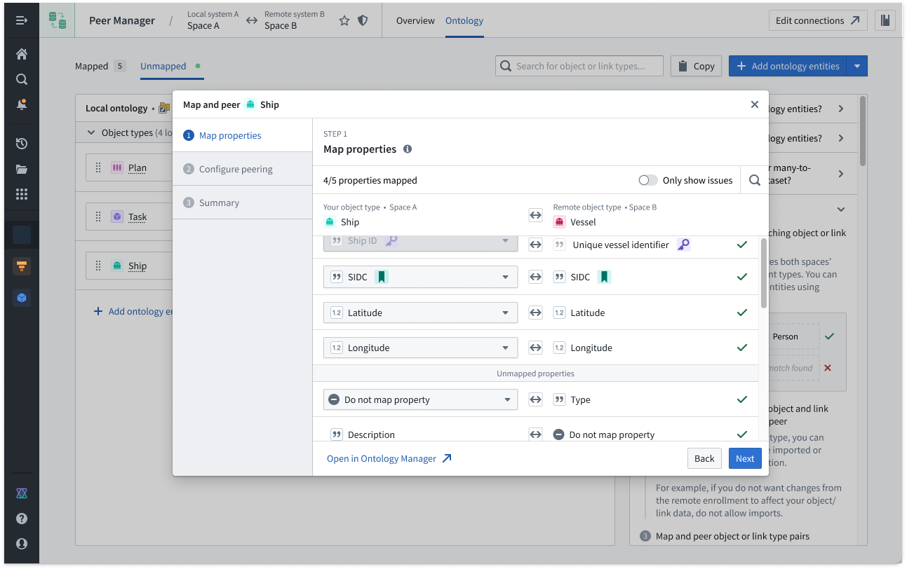 Peer Managers Ontology window enables you to peer object types across a peer connection.