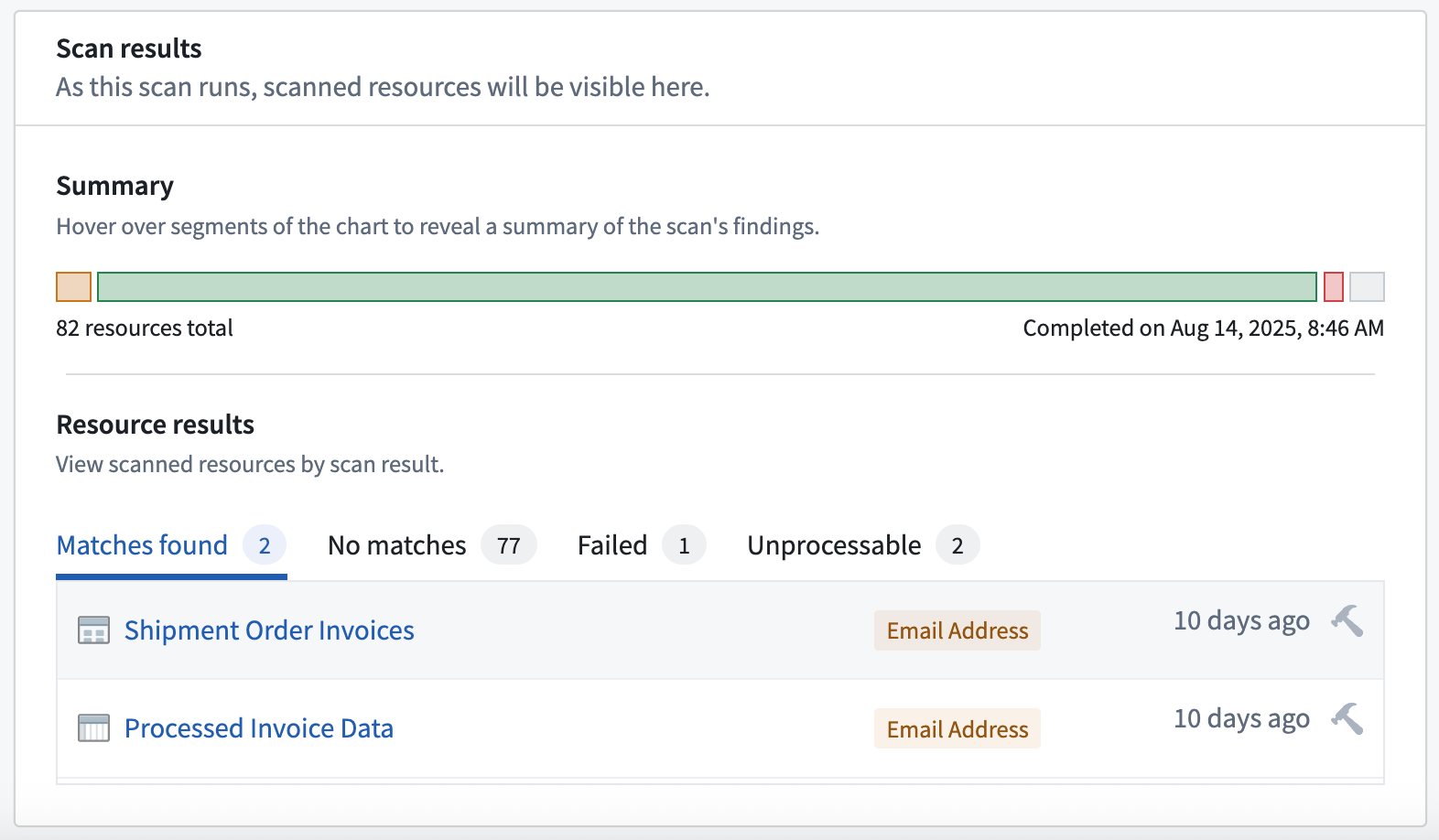 Scan results display Email Address matches in both a media set of documents and a tabular dataset.