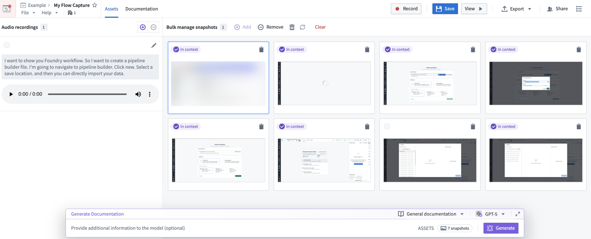 Edit mode in Flow Capture displaying images added to context with a purple In context tag and the prompt bar with model and template selectors at the bottom of the page.