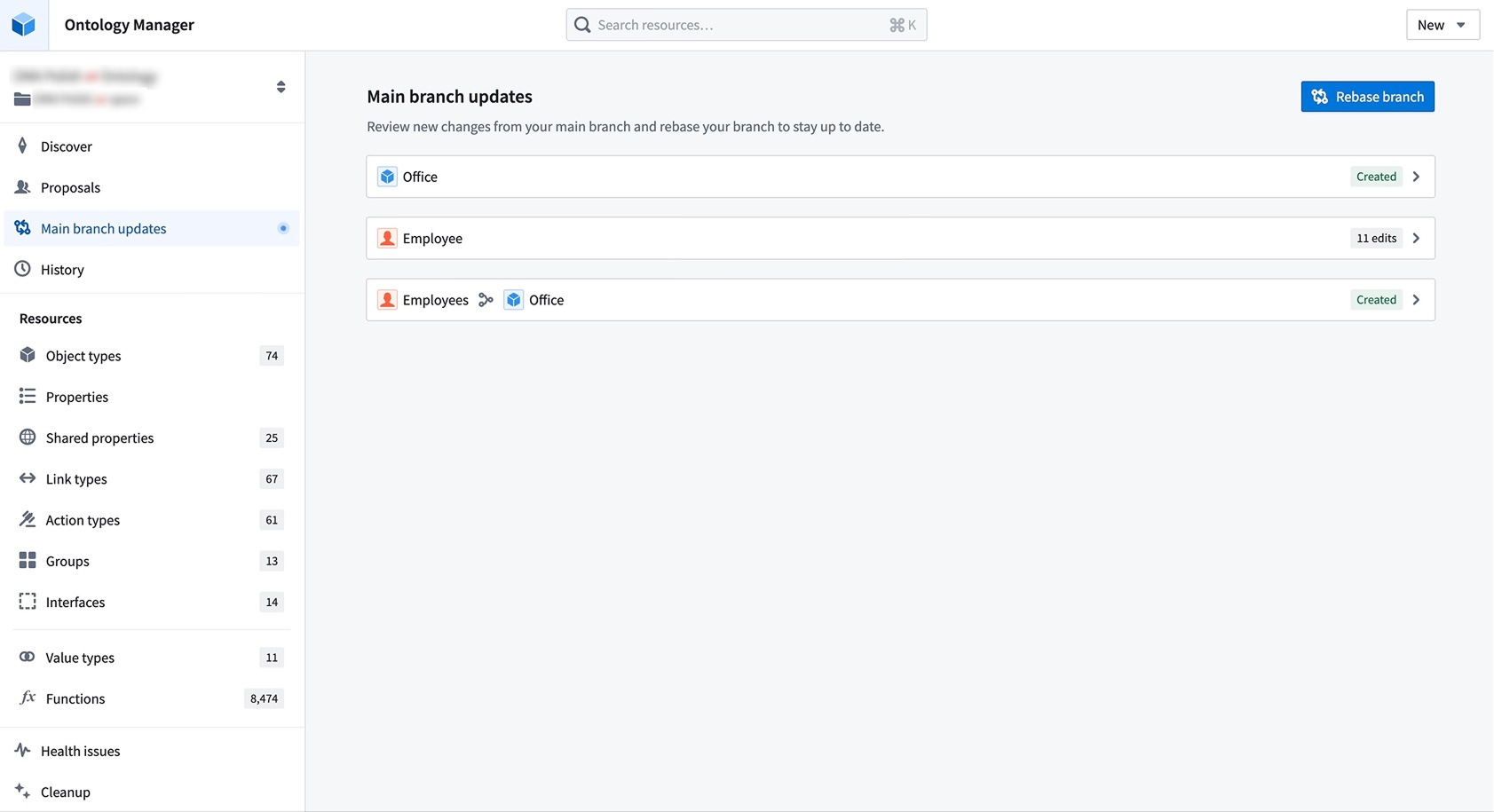 Resolve merge conflicts by choosing between changes from Main or your current branch directly in Ontology Manager.